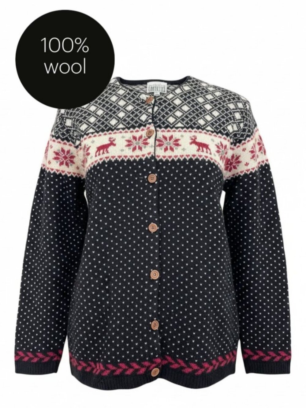 L'OFFICIEL Black Red Nordic Fair Isle 100% Wool Cardigan Vintage size M